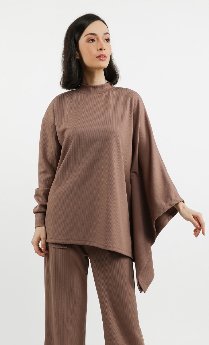 High Neck Ribbed Top in Brown