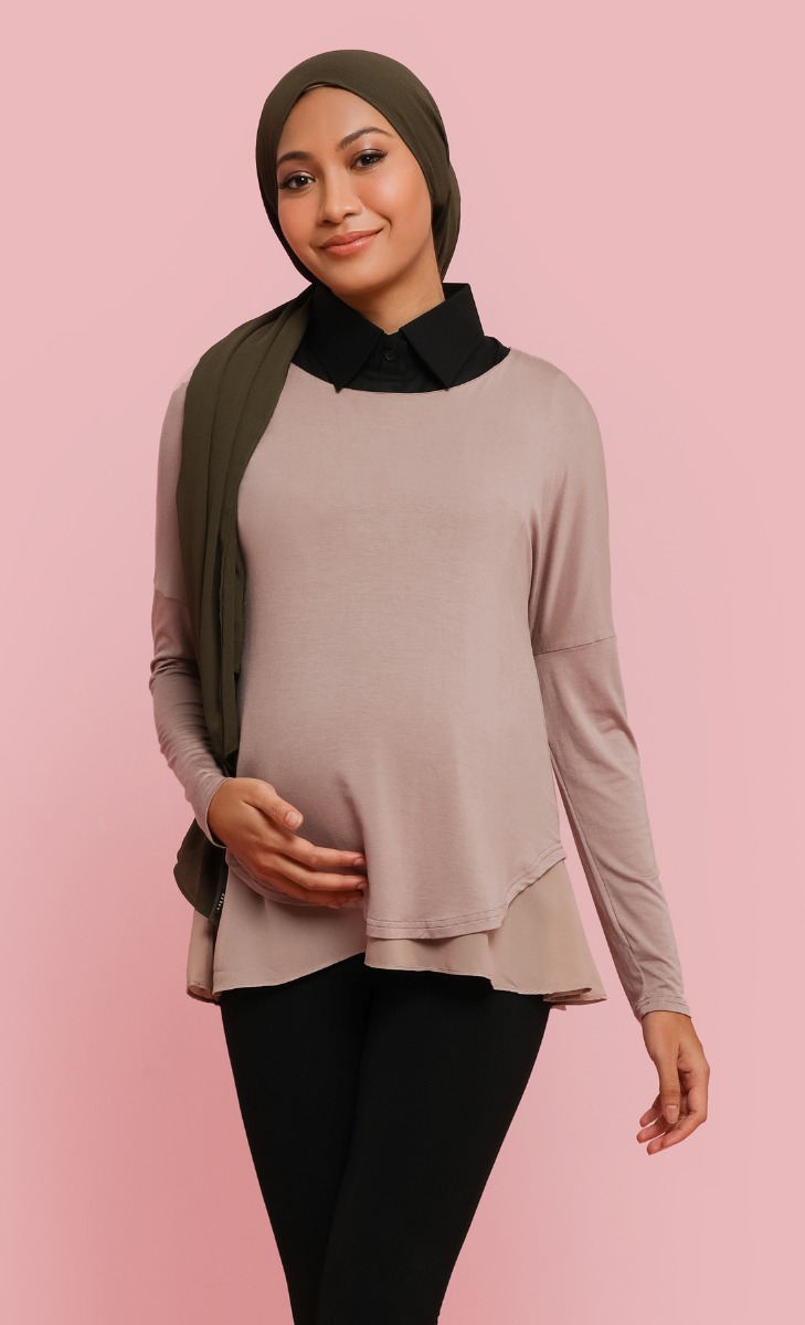 Long Sleeve Layered Top In Taupe