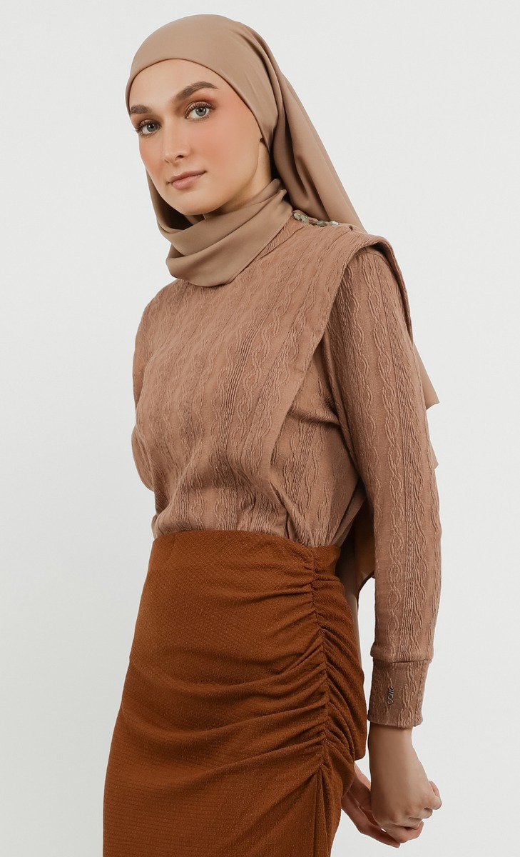 Side Ruched Knit Skirt in Dark Brown image 2