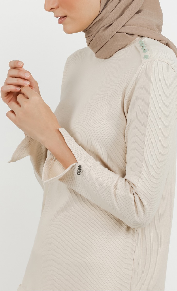 High Turtleneck Button Ribbed Top in Eggshell