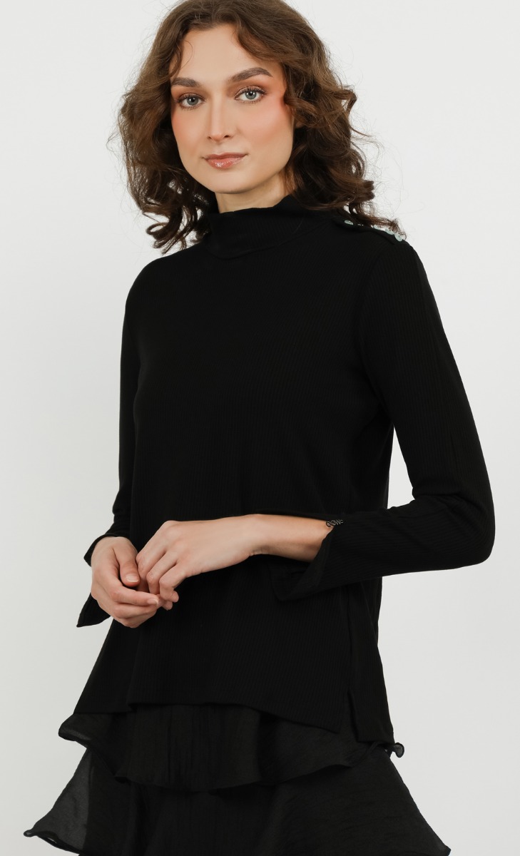 High Turtleneck Button Ribbed Top in Black
