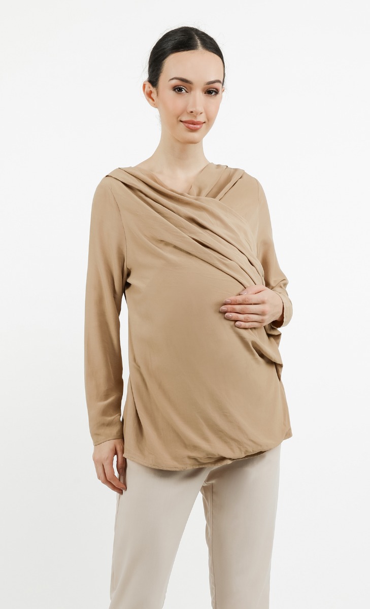 Front Pleats Overlap Top (Maternity) in Taupe
