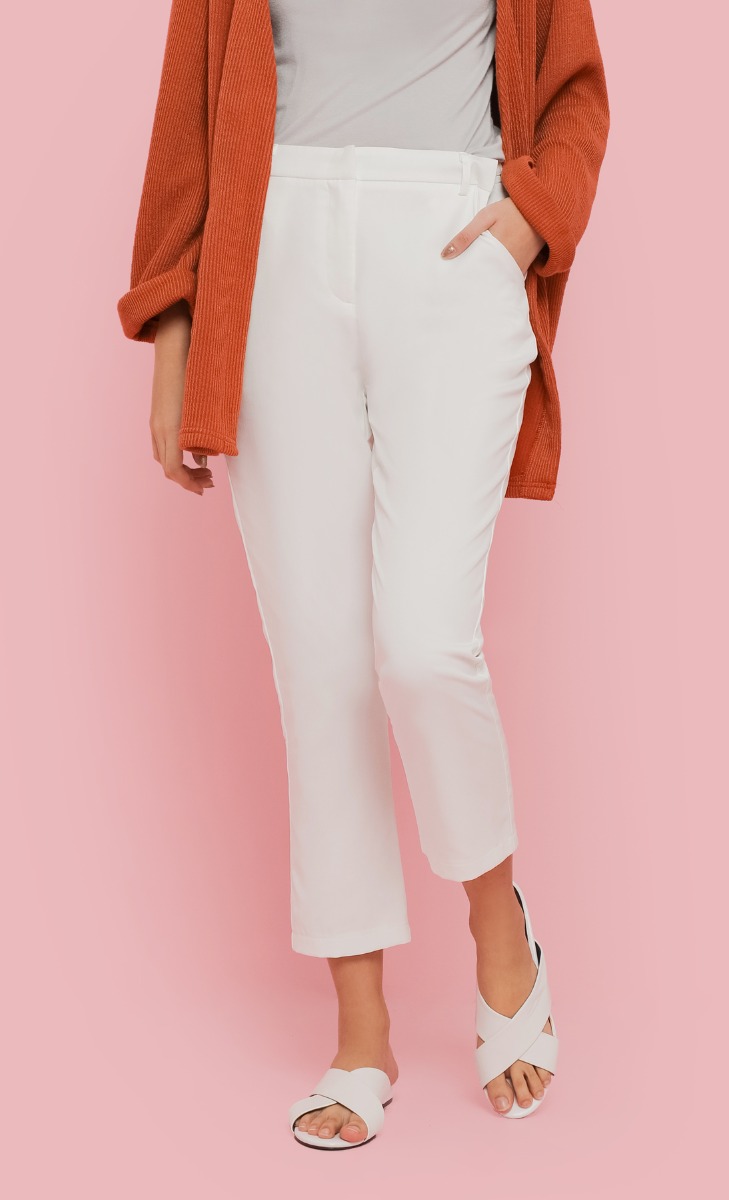 Adjustable Waist Ankle Pants in Off White
