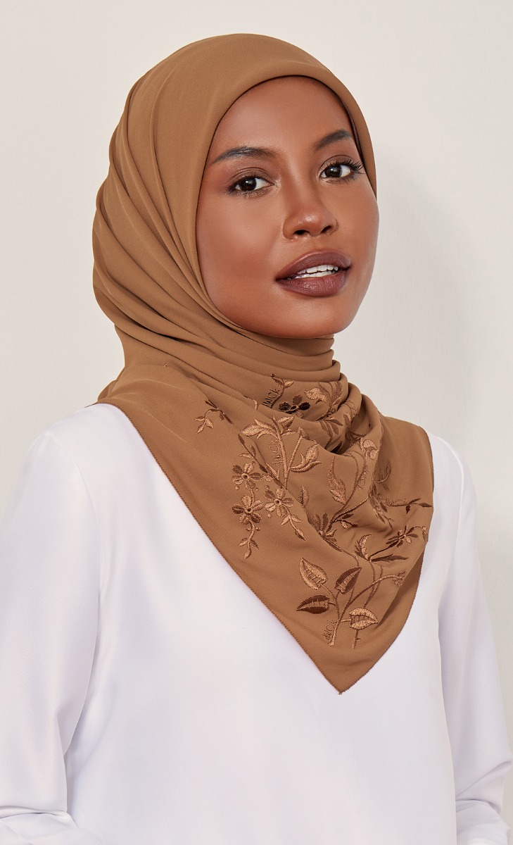 The Daisy Embroidery dUCk Square Scarf in Caramel