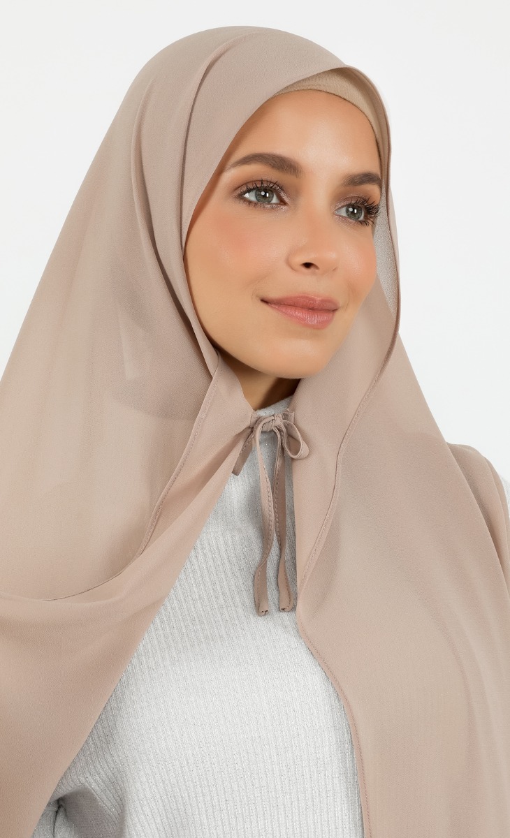 Ribbon Semi-Instant Gathered Hijab in Tan Brown image 2