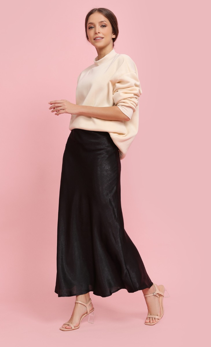 Textured Satin Skirt in Black image 2