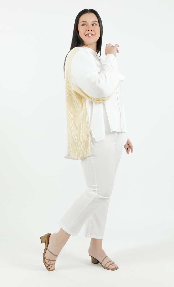 Two-Toned Pleated Shirt in White & Butter Cream